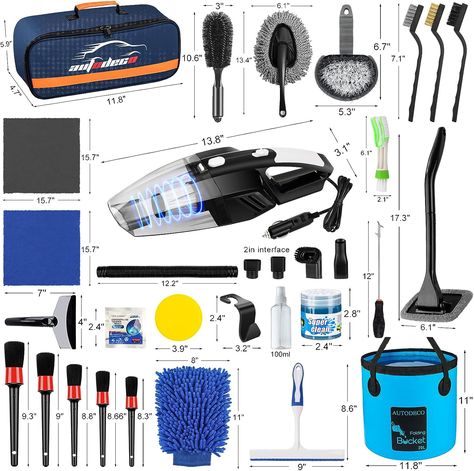 AUTODECO 41Pcs Car Cleaning Wash Kit Interior Detailing Cleaner Kit with High Power Handheld Vacuum, Collapsible Bucket, Windshield Tool, Gel, Snow Shovel, Tire Brush, Complete Car Care Tools, Blue Car Detailing Tools, Washer Cleaning, Car Hooks, Glass Washer, Types Of Brushes, Best Car Accessories, Collapsible Bucket, Car Wash Services, Interior Detailing