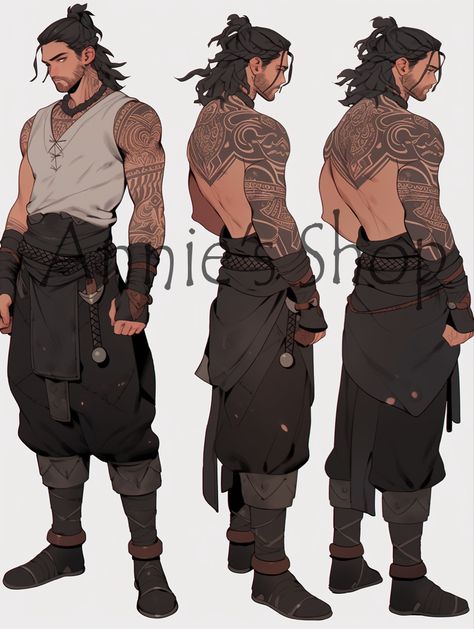 Monk Drawing Reference, Oc Clothes Outfit Ideas Fantasy Male, Character Design Concept Art Male, Character Outfit Design Male, Male Character Design Poses, Masculine Man Drawing, Dnd Characters With Tattoos, Mercenary Character Design Male Modern, Royal Advisor Character