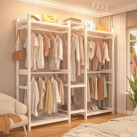 Portable Walk In Closet, Freestanding Closet System, Freestanding Closet Ideas, Free Standing Closet Ideas, White Shelving Unit, Freestanding Closet, Sf Apartment, Standing Closet, Bamboo Clothes