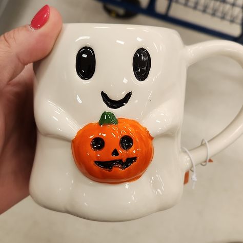 Hand Painted Ghost With Pumpkin Mug Halloween Ceramics Ideas Painting, Mug Decorating Ideas, Clay Cup Ideas, Fall Ceramics, Ghost Cups, Painted Ghost, Halloween Shapes, Monster Mug, Cute Ceramic Mug