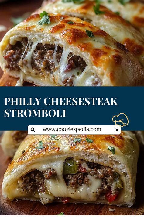 Indulge in this homemade Philly Cheesesteak Stromboli, packed with savory ground beef, peppers, and melted mozzarella, all wrapped in a golden pizza dough. Perfect for a weeknight dinner or game day snack! 🍽️🧀 Chicken Cheesesteak Stromboli, Ground Meat Philly Cheese Steak, Copycat Philly Cheesesteak, Stromboli Philly Cheesesteak, Philly Cheesesteak Pinwheels, Recipes With Steakums Meat, Philly Cheesesteak Stromboli Recipe, Mozzarella Cheesesteak Stromboli, Stromboli With Ground Beef