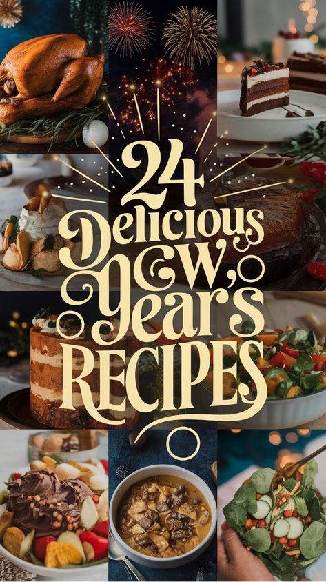 24 New Year's recipes collage featuring a roasted turkey, chocolate cake, layered desserts, salads, and fireworks in the background. New Year's Eve Dinners, New Year Eves Food, New Years Menu Ideas Families, New Year's Eve Family Dinner, New Year Day Dessert Ideas, New Years Eve Crockpot Recipes, New Year's Recipes, New Years Eve Recipe Ideas, New Year’s Eve Receipts