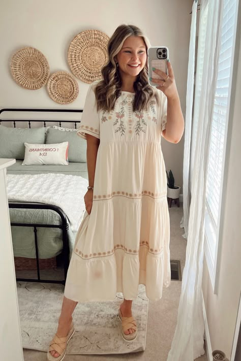 Cottage Core Spring Aesthetic, Neutral Color Dresses Casual, Modest Boho Dress, Lds Dresses Church Modest Clothing, Warm Easter Outfits, Cute Boho Dresses, Fsy Lds Outfits, Modest Dress Casual, Modest Midi Dresses