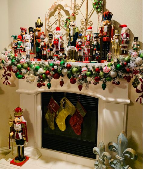 Christmas Mantle Nutcracker Christmas Mantle, Nutcracker Mantle Display, Nutcracker Themed Christmas Decor, Nutcracker Display, Nutcrackers Display, Nutcracker Collection, Nutcracker Christmas Decorations, Mantle Ideas, Christmas Nutcrackers