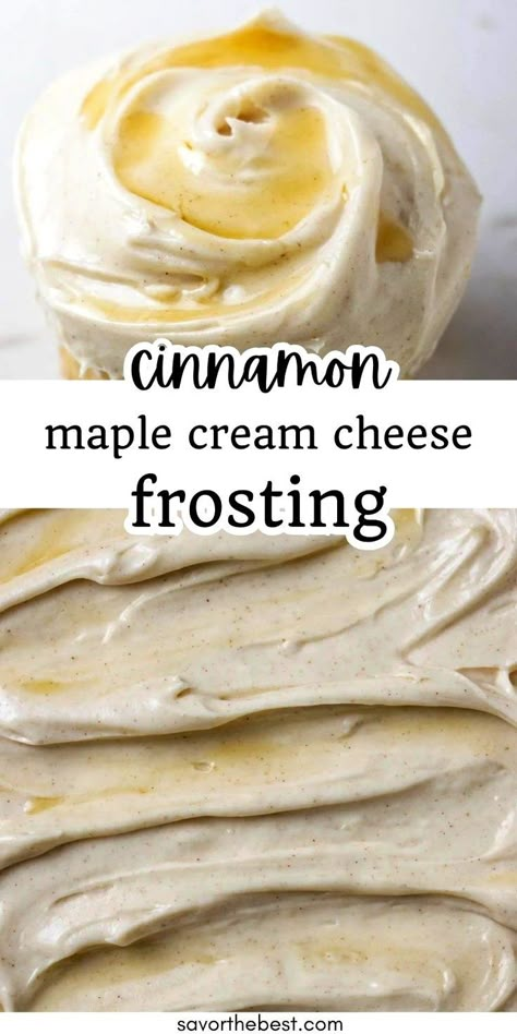 Creamy, sweet, and full of fall flavors! Maple cream cheese frosting with cinnamon and maple syrup is perfect for cakes, cupcakes, or even as a dip for a treat that spreads like a dream. Fall Icing Flavors, Custard Pastry, Maple Desserts, Maple Icing, Icing Glaze, Maple Cream Cheese Frosting, Flavored Cream Cheeses, Cream Cheese Buttercream Frosting, Maple Cream Cheese