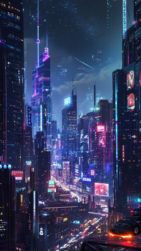 #Neon #Urban Nightscape: A bustling #cyberpunk #cityscape illuminated by #neon lights with towering #skyscrapers dominating the night skyline. #cyberpunk #neon #skyscrapers #cityscape #urban #aiart #aiphoto #stockcake ⬇️ Download and 📝 Prompt 👉 https://stockcake.com/i/neon-urban-nightscape_115577_11341 Neon Dystopia Aesthetic, Night City Aesthetic Cyberpunk, Tokyo Cyberpunk Aesthetic, Cities At Night Aesthetic, Building Cyberpunk, Cyberpunk Skyscraper, Cyberpunk Skyline, Dark Cyberpunk Aesthetic, Neon City Aesthetic