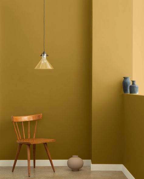 A deep golden olive that instantly evokes the Mediterranean countryside. Mustard Yellow Paint Colors, Benjamin Moore Yellow, Mustard Yellow Paints, Yellow Paint Colors, Mustard Walls, Gold Tapestry, Yellow Paint, Benjamin Moore Colors, Yellow Wall