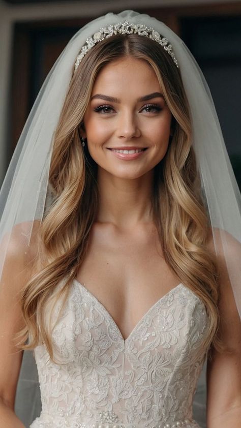 Wedding Diadem Hairstyles, Hollywood Wedding Hair Veil, Short Hair Wedding Veil Hairstyles, Beehive Wedding Hair With Veil, Wedding Hair Comb Side Vintage Style, Bride Hair With Veil And Tiara, Bridal Hair Styles With Tiara, Bride Hair All Down, Hair Out With Veil