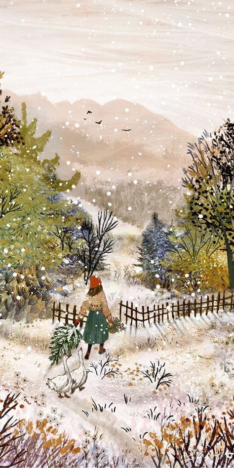 Winter Inspired Wallpaper, Cozy Winter Illustration Art, Xmas Iphone Wallpaper, Yule Background, Xmas Phone Wallpaper, Winter Aesthetic Painting, Winter Illustration Wallpaper, Winter Phone Wallpaper Iphone Backgrounds, Xmas Background Wallpapers