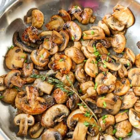 Sauteed Mushrooms with Garlic PREP TIME 5 minutes COOK TIME 8 minutes TOTAL TIME 13 minutes SERVINGS 4 servings AUTHOR Holly Nilsson COURSE Side Dish CUISINE American Sauteed Mushrooms are an amazing side dish or make a great topping for steaks or burgers! The key to the deep rich flavor is to allow the mushrooms to caramelize. Ingredients 1 lb white or brown mushrooms or cremini or portobello 1 tablespoon soy sauce 2 tablespoons olive oil 2 tablespoons butter 1/4 cup white wine optional 1 spri Food Recipes Gluten Free, Garlic Green Bean Recipes, Steak Dinner Sides, Baked Potato Skins, Portobello Mushroom Recipes, Vegetable Ideas, Ribeye Steak Recipes, Sautéed Mushrooms, Steak Side Dishes