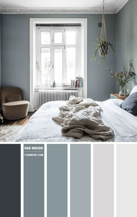 Another lovely bedroom color palette in mute earthy hue “slate green and grey” bedroom. To make the bedroom looks bigger they used brighter paint... Grey Colour Scheme Bedroom, Grey Bedroom Colors, Blue Gray Bedroom, Bedroom Colour Palette, Themes Wedding, Wedding Color Palettes, Bedroom Wall Colors, Dekorasi Kamar Tidur, Gray Walls