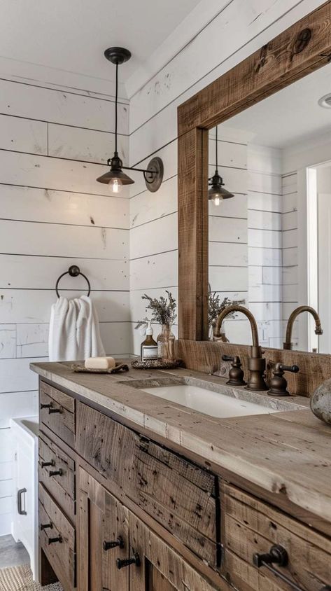 29 Modern Farmhouse Bathroom Ideas – Stylish and Cozy Designs Old Farmhouse Master Bath, Country Bathroom Vanity Ideas, Double Sink Bathroom Vanity Farmhouse, Rustic Farmhouse Bathroom Vanity, Masterbath Ideas Decor, Bathroom Vanity Under Window, Modern Cottage Bathroom Ideas, Master Bath Ideas Farmhouse, Modern Rustic Bathroom Designs