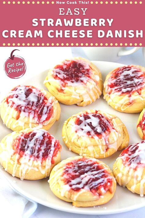 Strawberry Danish Recipe, Crescent Roll Cookies, Strawberry Cream Cheese Danish, Crescent Roll Danish, Homemade Danish Recipe, Easy Cheese Danish, Rhodes Rolls Recipes, Rhodes Recipes, Crescent Roll Recipes Dessert