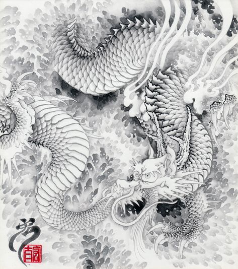 I painted dragon on -shikishi- Dragon Tattoo Drawing, Painting Dragon, Japanese Ink Painting, Enter The Dragon, Japanese Tattoo Art, Black Stickers, Dragon Art, Dragon Tattoo, Ink Painting