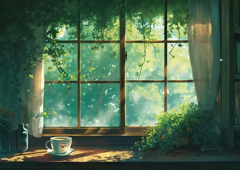 Morning light filters through a leafy embrace, a serene invitation to savor the quiet joy of the day's first cup. --- #ai #aicommunity #aiartworks #illustration #cozy #cozyvibes #art #anime #digitalart Desktop Wallpaper Art Illustrations, Ipad Cozy Wallpaper, Bookish Desktop Wallpaper Aesthetic, Peaceful Wallpaper Desktop, Seerlight Wallpapers Pc, Cozy Laptop Wallpaper, Morning Wallpaper Aesthetic, Wallpaper Background For Laptop, Cozy Pc Wallpaper