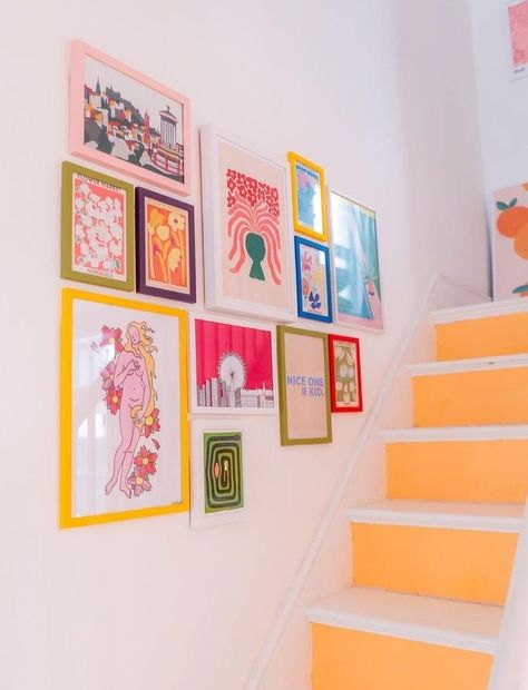 Colorful Wall Art Frames, Colorful Gallery Wall Staircase, Colourful Picture Frames On The Wall, Fun Picture Frame Wall, Maximalist Picture Frame, Coloured Frames On Wall, Gallery Wall College Apartment, Playroom Wall Collage, Colored Picture Frames On The Wall