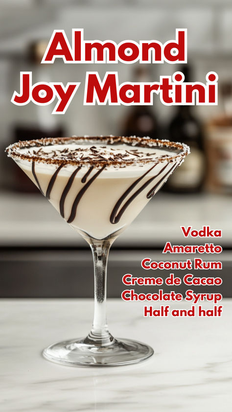 Almond Joy Martini Coconut Rum Cocktails, Amaretto Cocktails, Coconut Martini, Amaretto Drinks, Cocktail Cards, Dessert Cocktails, Cocktail List, Best Cocktail Recipes, Rum Cocktails