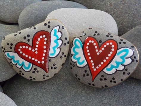 Inseparable / 2 Painted Rocks Set / Sandi Pike Foundas www.LoveFromCapeCod.etsy.com Caillou Roche, Heart Wings, Art Pierre, Painted Rocks Kids, Diy Valentines Decorations, Rock And Pebbles, Image Ideas, Painting Rocks, Rock Decor