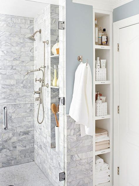 shower Recessed Shelves, Moving Walls, Budget Bathroom Remodel, Shower Area, Bad Inspiration, Small Bathroom Storage, Bathroom Remodel Shower, Master Bath Remodel, Small Bath