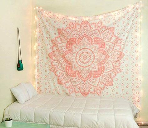 Mandala Tapestry Bedroom, Tapestry Bedroom Aesthetic, Tapestry Pink, Bohemian Room Decor, Gold Tapestry, Small Tapestry, Bohemian Bedspread, Mandala Tapestries Wall Hangings, Hippie Room Decor