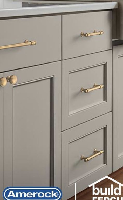 Grey Cabinets Brass Hardware, Light Grey Cabinets With Gold Hardware, Grey Cabinets With Gold Handles, Greige Cabinets Gold Hardware, Grieve Kitchen Cabinets, Grey Cabinet Gold Hardware, Light Grey Kitchen Gold Handles, Light Grey Kitchen Cabinets Gold Handles, Kitchen Cabinet Inspiration