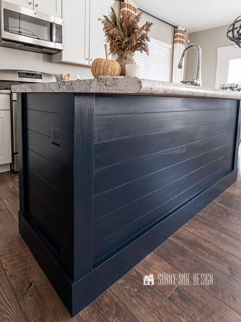 Kitchen Island Herringbone, Kitchen Island With Shiplap Sides, Black Shiplap Bar, Kitchen Island Side Panels, Kitchen Island Wall Covering Ideas, Kitchen Island Paneling Ideas, Kitchen Island With Shiplap, Under Island Wall Ideas, Island With Shiplap