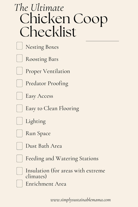 A comprehensive infographic titled 'The Ultimate Chicken Coop Checklist' illustrates the essential components of a functional and comfortable chicken coop. Elements include nesting boxes, roosting bars, proper ventilation, predator-proofing measures, easy access, easy-to-clean flooring, lighting, adequate run space, a dust bath area, feeding and watering stations, insulation for extreme climates, and an enrichment area to ensure a healthy and thriving environment for backyard chickens. Chicken 101 Raising, Best Dual Purpose Chickens, Chickens As Pets, Small Diy Chicken Coop Ideas, Patio Chicken Coop, Self Sufficient Chicken Coop, Chicken Coop Care, Cabin Chicken Coop, Chickens In Small Backyard