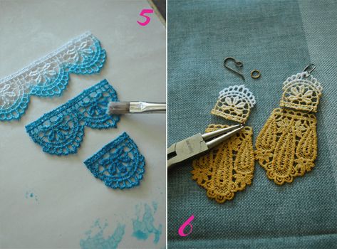 Ombre Lace DIY-3 Diy Lace Earrings, Bijoux Art Nouveau, Lace Painting, Diy Ombre, Lace Diy, Crochet Earrings Pattern, Ombre Lace, Schmuck Diy, Geode Earrings