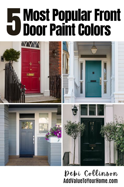 Your front door says alot about your home. Does your front door pop and say welcome? Or is it boring and dreary? The front door is THE area on your exterior where you can make a BOLD statement. Whether is be fun & wild or traditional, you want your front door to be a head turner! Check out these 5 most popular front door paint colors and make YOUR front door a show stopper! #frontdoorpaintcolors Popular Front Door Colors 2023, Blue Front Door Colors, Bold Front Door Colors, Navy Front Door, Exterior Front Door Colors, Painted Exterior Doors, Exterior Door Colors, Most Popular Paint Colors, Green Shutters