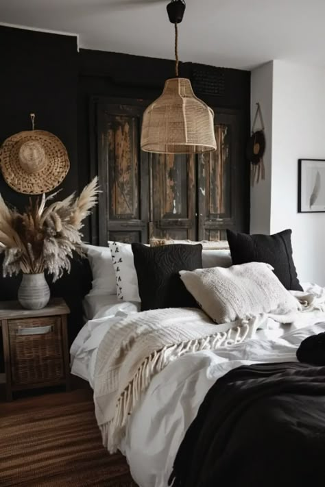 25 Black Boho Bedroom Ideas You Just Have to See - Dark Bedroom Bedding, Black Walls Bedroom Ideas Bohemian, Boho Master Room Bedroom Ideas Vintage, Black And Cane Bedroom, Black And Ivory Bedding, Black And White Vintage Bedroom Ideas, Black Wood Bedroom Ideas, Black And Natural Bedroom, Black And Tan Bedding