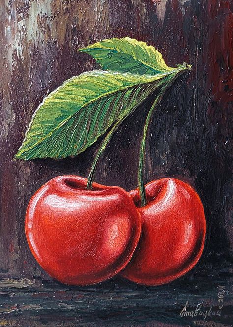 This original oil painting, titled "Sweet Cherries," captures the vibrant and juicy essence of fresh fruit. Measuring 5.1 x 7.1 inches (13x18 cm) and crafted with oil paints on hardboard, each piece in this series embodies the brightness and freshness of fruit. The artwork aims to evoke the sensation of being in a fragrant garden, surrounded by the enticing aroma of ripe fruits, as if they have just been plucked from the branch. Famous Fruit Paintings, Fruit Sculptures Art, Oil Paint Painting, Realistic Fruit Painting, Still Painting Ideas, Food Artwork Painting, Fruit Painting Easy, Fruit Painting Ideas, Simple Oil Painting Ideas