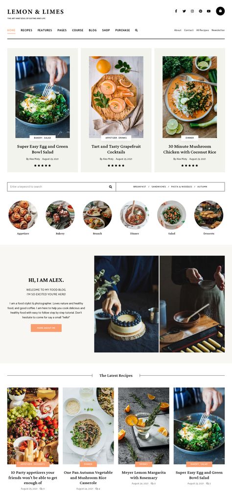 Give your personal food blog a more professional look with the Lemon & Limes WordPress theme template. You can easily install this theme and selecting from various demos, such as the one showcased in the image, and you're good to go! Enhance the clarity of your cooking instructions for readers with the user-friendly Recipe Plugin for Food Bloggers that comes included. For those who prefer to use the Elementor plugin, rest assured that this WordPress food blog theme design provides full support. Food Website Background Images, Food Blog Layout, Food Blog Design Layout, Food Blog Template, Food Website Design Layout, Food Website Layout, Food Blog Website Design, Recipe Website Design, Menu Website Design