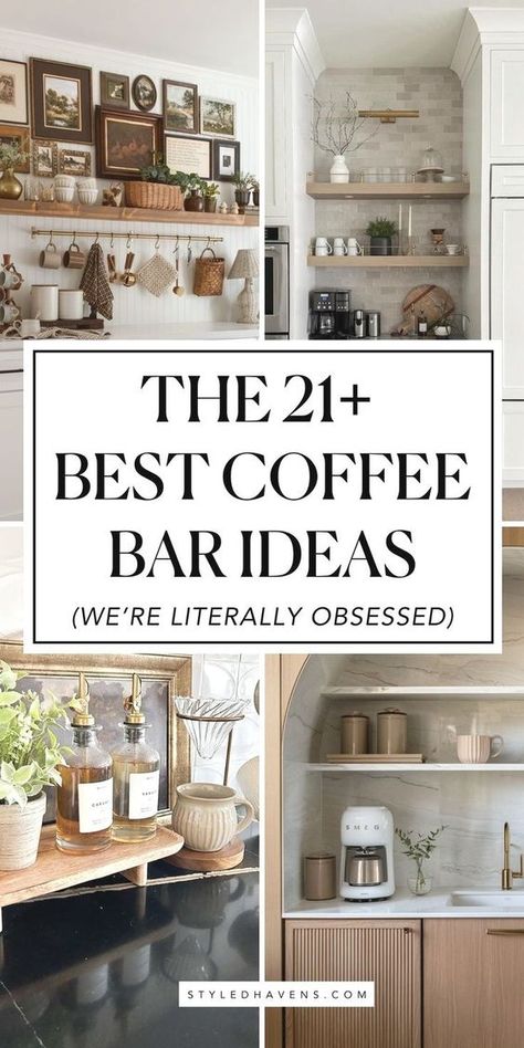 Searching for cute kitchen decor for your home coffee bar? These modern coffee bar ideas are literally *so-good* and range from totally rustic to absolutely elegant - whether you're looking more for small home coffee stations, or a larger scale kitchen renovation, these home coffee bar designs will be sure to inspire you! (SAVE to your KITCHEN IDEAS board for later!) Small Kitchen Coffee Bar Ideas, Elegant Coffee Bar Ideas, Koffie Stations, Coffee Bar Ideas For Home, Elegant Coffee Bar, Modern Coffee Bar Ideas, Corner Coffee Bar Ideas, Cute Kitchen Ideas, Corner Coffee Bar