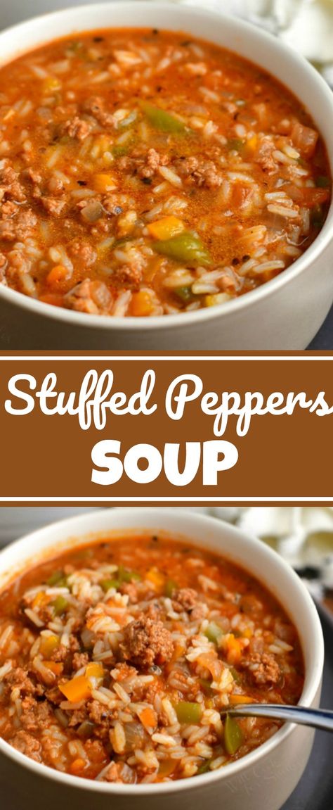 This stuffed peppers soup recipe is made with a variety of fresh ingredients including ground beef, fresh vegetables, and rice. You can use homemade broth for even more flavor. It's a great comfort food version of the classic dish!#beef #groundbeef #rice #soup #dinner #easydinner Ground Beef And Chicken Broth Recipes, Fall Time Soup Recipes, Ground And Rice Recipes, Homemade Stuffed Pepper Soup, Best Quick Soup Recipes, Ground Beef Rice Tomato Soup, Week Night Dinners Ground Beef, Healthy Small Dinner Ideas, The Best Stuffed Pepper Soup