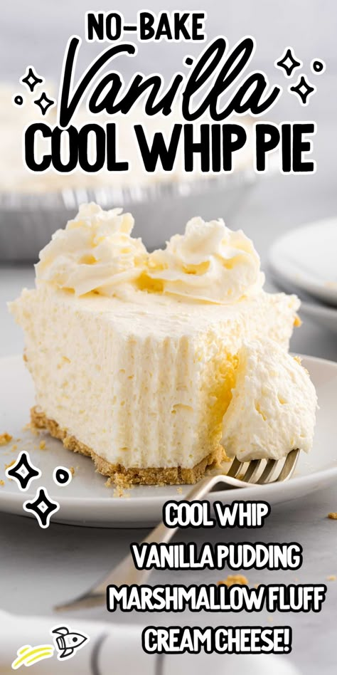 A buttery graham cracker crust is filled with plenty of sweet vanilla flavor in this fluffy vanilla Cool Whip pie. Cool Whip Pie, Whip Recipes, Cool Whip Pies, Vanilla Pie, Whip Frosting, Jello Pie, Eggnog Pie, Cool Whip Desserts, 5 Oclock