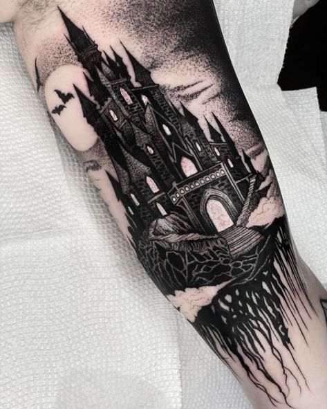 Gothic Black And Grey Tattoos, Gothic Mansion Tattoo, Graveyard Scene Tattoo, Floating Castle Tattoo, Gothic Architecture Tattoo Sleeve, Cathedral Sleeve Tattoo, Vampire Castle Tattoo, Spooky House Tattoo, Medieval Castle Tattoo