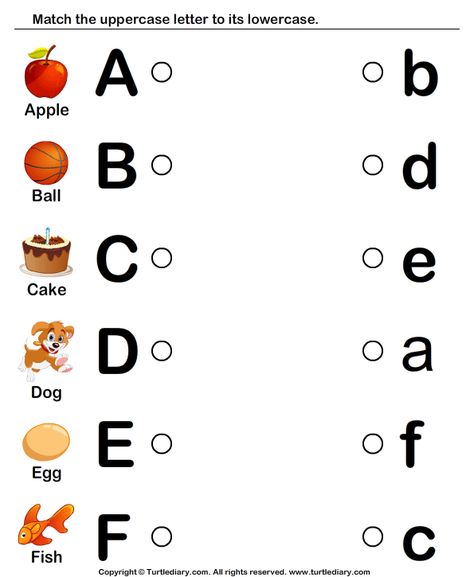 Alphabets Worksheets - Match Upper Case And Lower Case Letters 9 | Turtle Diary A To F Worksheet, Letter And Picture Matching Worksheets, Worksheet For 5yrs Old, Upper Nursery Worksheets, Alphabets Worksheet For Nursery, Match The Uppercase With Lower Case, Match The Letters Worksheets, Nursery Alphabet Worksheet, Matching Letters Free Printable