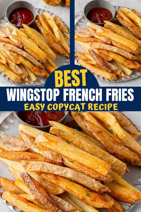 A three way split picture of Wingstop french fries on a plate. Wingstop Seasoned Fries Recipe, Boardwalk Fries Recipe, Best Home Fries Recipe, Best Seasoning For Fries, How To Season Fries, Wingstop Fries Seasoning Recipe, Best French Fries Recipe, Home Made French Fries Stove Top, Copycat Wingstop Fries