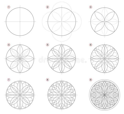 Creation step by step pencil drawing. Page shows how learn to draw Gothic stained glass window with rose. Print for artists school textbook. Developing skills stock illustration How To Draw Sacred Geometry, Catholic Church Stained Glass, Geometric Patterns Drawing, Coloring Illustration, Rangoli Diwali, Mandala Inspiration, Sacred Geometry Patterns, Symbol Drawing, Window Drawing