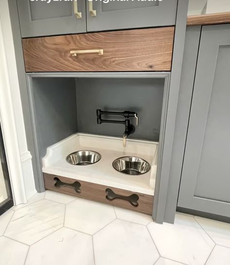 Dog Feeding Station With Pot Filler, Built In Dog Station, Dog Food Built In Cabinet, Dog Bowl Built In Kitchen, Pet Station In Laundry Room, Dog Bowl Cabinet Built Ins, Dog Kitchen Area, Dog Food Area In Kitchen, Dog Dish In Cabinet