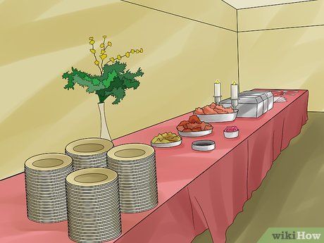 Image titled Style a Buffet Step 13 Food Buffet Set Up, How To Set Up A Buffet Table Display, Thanksgiving Buffet Table Setting Ideas, Simple Buffet Table Set Up, Chaffing Dish Display Diy, Serving Table Ideas Buffet, Buffet Organization, Buffet Table Set Up, Buffet Table Set Up At Home