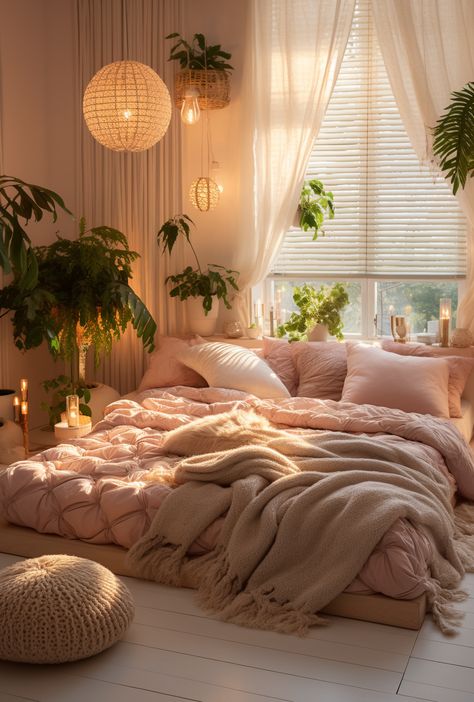 Bedroom decoration ideas, bedrooms for women are designed in a feminine, soft, cute style Pink Women Bedroom, Aesthetic Boho Bedroom Ideas, Room Ideas Women Bedroom, Pink Bedroom Plants, Soft Romantic Bedroom, Pink Bedroom With Plants, Feminine Boho Bedroom, Pink Boho Room, Boho Pink Bedroom