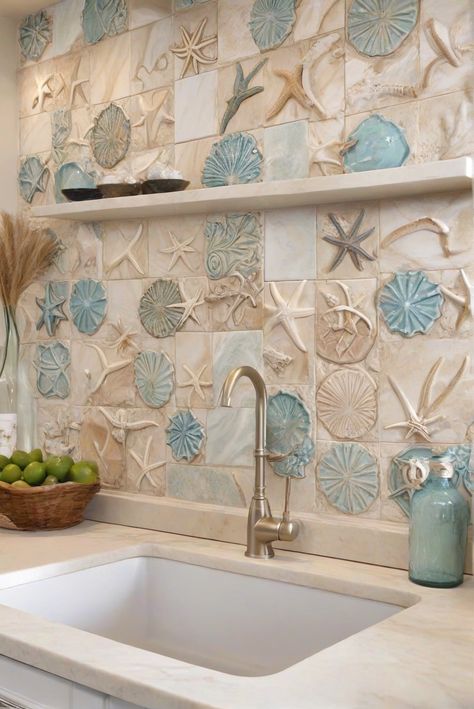 kitchen designs, home interior design, interior design space planning, home decor interior design Beach Glass Backsplash Kitchen, Beach Backsplash Ideas, Beach Kitchen Backsplash, Beach Backsplash, Beachy Kitchen Ideas, Beach Themed Kitchen, Beach Kitchen Ideas, Sea Bathroom Decor, Beautiful Tile Backsplash