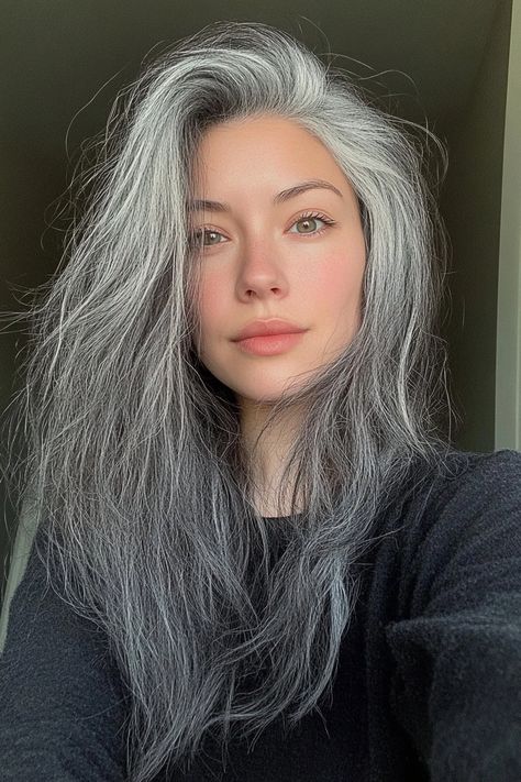 25 Examples of Transitioning to Gray Hair That'll Make You Want To Ditch the Dye - Flo's Blog Peekaboo Grey Hair, Colored Grey Hair, Slowly Going Grey, Gray Roots Black Hair, Asian With Silver Hair, Makeup For Gray Hair And Brown Eyes, What To Do With Gray Hair, Gray Hair With Green Eyes, Brown Hair With Grey Highlights Silver