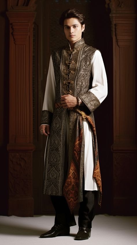 Sultan Outfit Men, Ancient Persian Fashion, Noble Aesthetic Male, Medieval Royalty Clothing Men, Mens Fantasy Costume, Indian Male Outfit, Archeologist Outfit Men, Mage Outfits Male, Medieval Clothing Royal