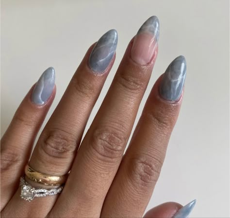 Blue Marble Nails, Grey Nail Designs, Marble Nail Designs, Indigo Nails, Nail Looks, New Nails, Oval Nails, Marble Nails, Prom Nails