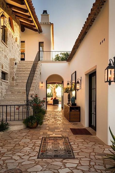 Ranch Design Interior, House Interior Mediterranean, Mediterranean House Interior Design, Mediterranean Home Exterior, Mediterranean Architecture Modern, Mediterranean Homes Interior, Spanish Colonial Interior Design, Spanish Style Home Exterior, Spanish Mediterranean Homes