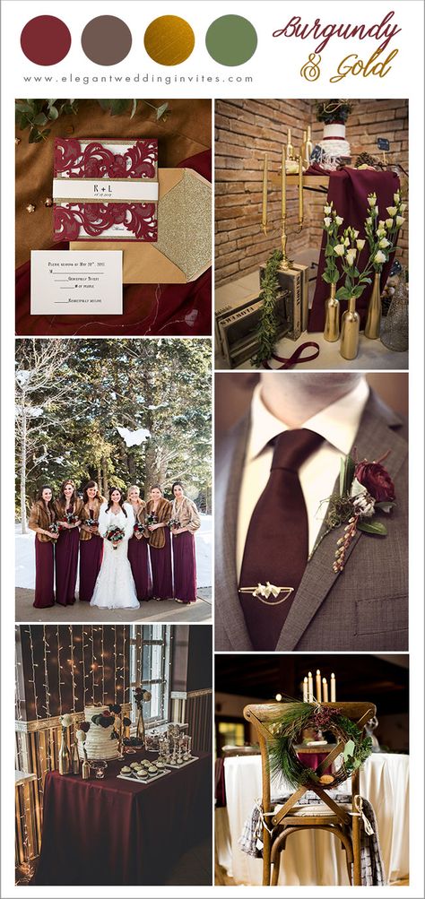 classic burgundy, brown and gold winter wedding color combos December Wedding Colors, Burgundy And Gold Wedding, Gold Winter Wedding, Purple Centerpieces, Gold Wedding Colors, Wedding Color Combos, Wedding Themes Winter, Winter Wedding Colors, November Wedding