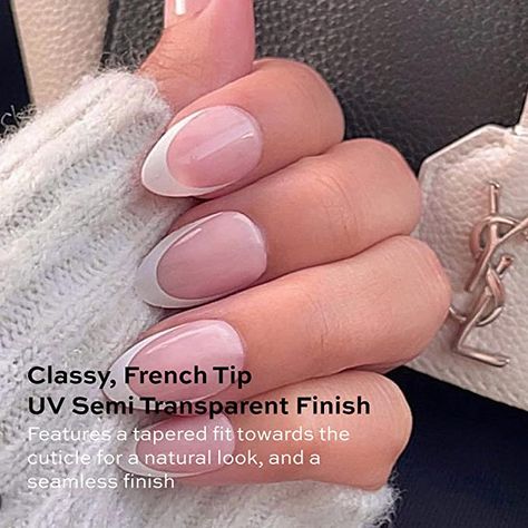 Glamnetic Press On Nails - Ma Damn | French Tip Nails, UV Finish Short Pointed Almond Shape, Reusable Semi-Transparent Nails in 12 Sizes - 24 Nail Kit with Glue Natural Almond Nails, Transparent Nails, Nail Pops, French Acrylic Nails, Uv Nails, Almond Shape, Summer Acrylic Nails, Nail Beauty, Pastel Nails