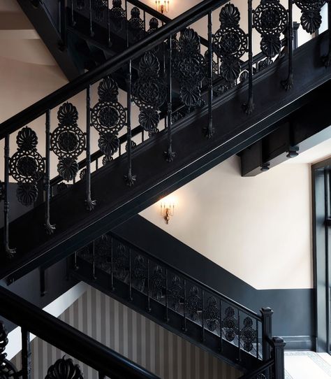 New Orleans Mansion, Black Interiors, Colorful Tile, Staircase Railing Design, New Orleans Hotels, Mercury Mosaics, Staircase Railing, Color Palette Inspiration, Ace Hotel